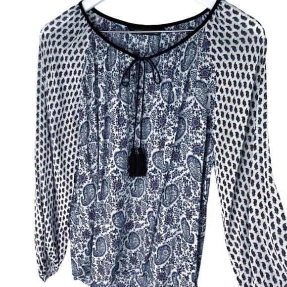 Zara Boho Paisley Peasant Tunic Top Navy White S - Picture 3 of 8